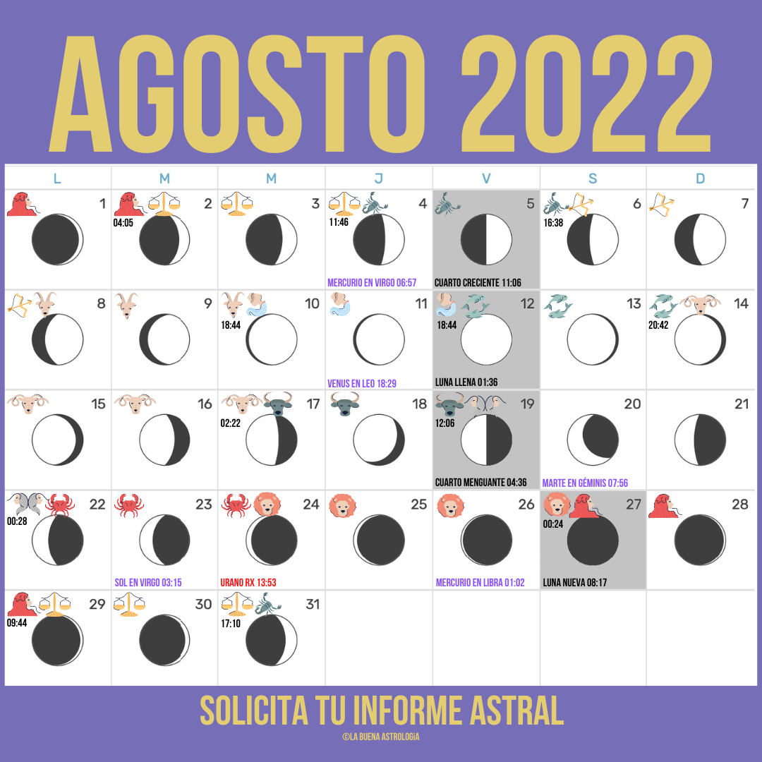 Calendario lunar AGOSTO 2022